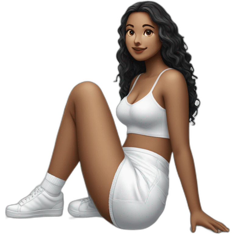 hyperrealistic-full-body-caucasian-curvy-beauty-sitting on the ground-small white-skirt-white knickers white socks emoji