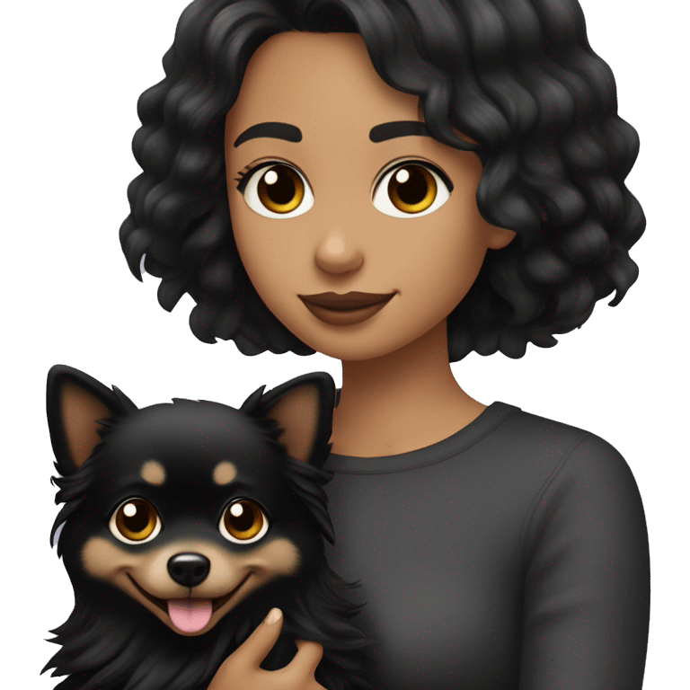 a straight haired girl with tan skin and black hair holding a black puppy pomeranian ￼ emoji