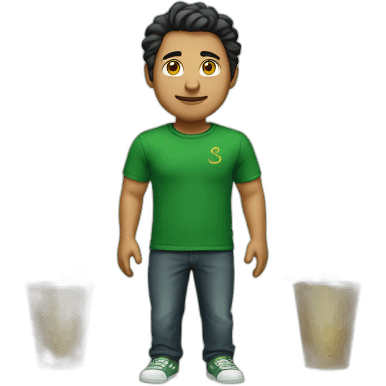 Man with a green dark T-shirt with a golden simorgh symbol emoji