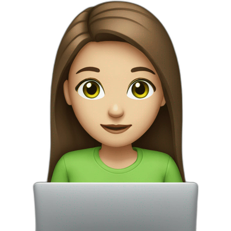 girl with long brown hair, green eyes, with laptop emoji