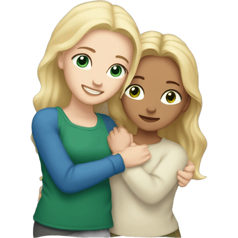 two white sisters hugging oane blonde with blue eyes and the other one with brown hair and green eyes  emoji