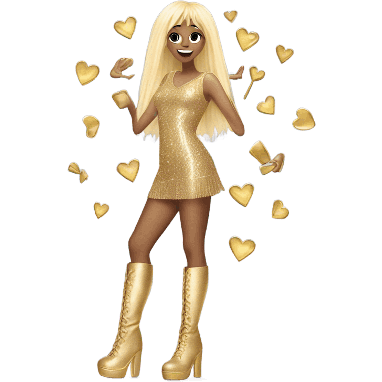 Tall blonde pop star wearing a good fringe mini dress , gold sparkly knee high boots and raising hand over her head in a hand heart  emoji