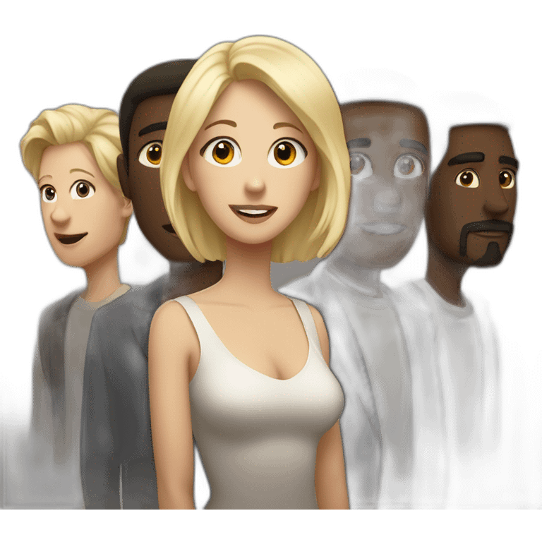 six dark-skinned men stand behind one pale blonde woman emoji