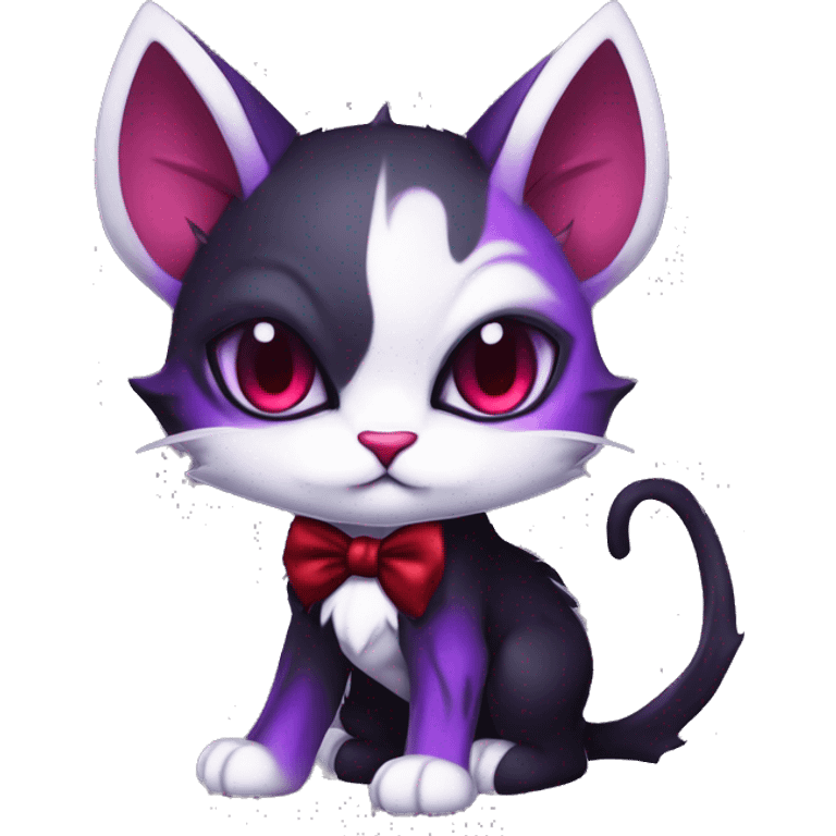 Cute-Evil-Vampiric-Batty-Cat-Black-Purple-Red-White-Contrast-Colors-Fantasy-Fur-Sona-Chibi-Shiny-Fakémon-Hybrid with horns and big fangs neck bow white tie leg spats full body emoji