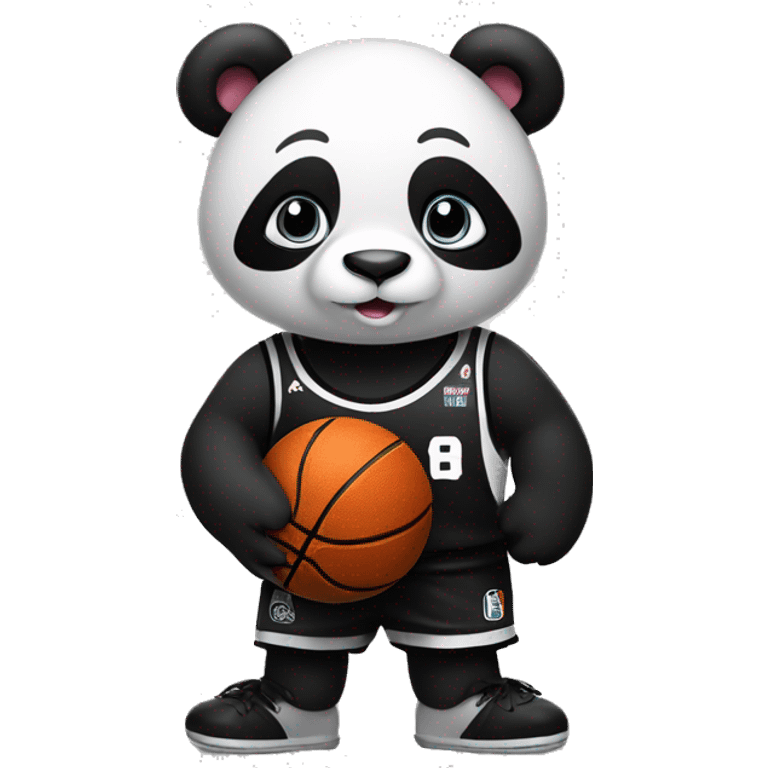 panda in black and white basketball uniform with basketball ball in his hands emoji