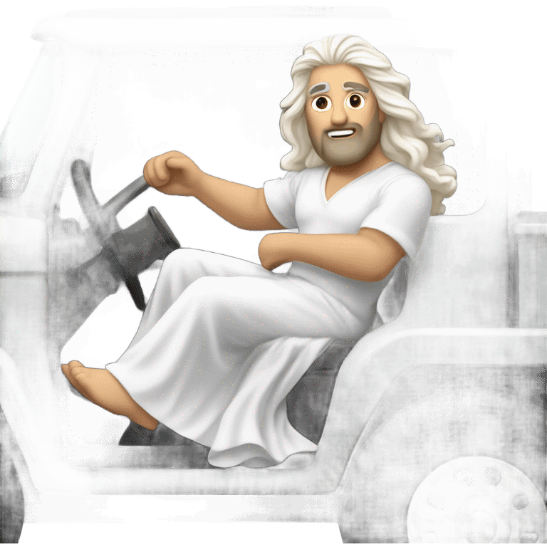 white man Poseidon driving truck. long white hair white dress emoji