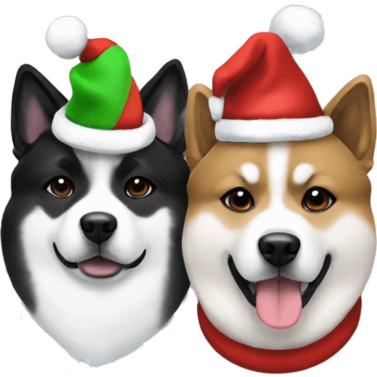 Two American Akita dogs one black and white and one just black wearing Christmas hats emoji