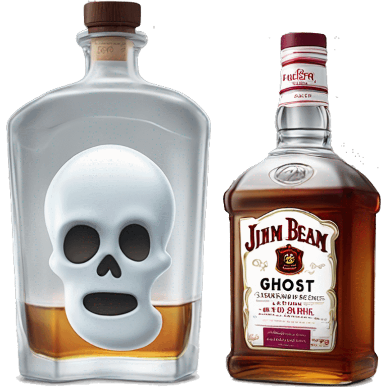 Realistic bottle of clear whiskey Jim Beam's Jacob's Ghost white label and lid with clear glass of clear whiskey with Cranberries and ice in glass. emoji