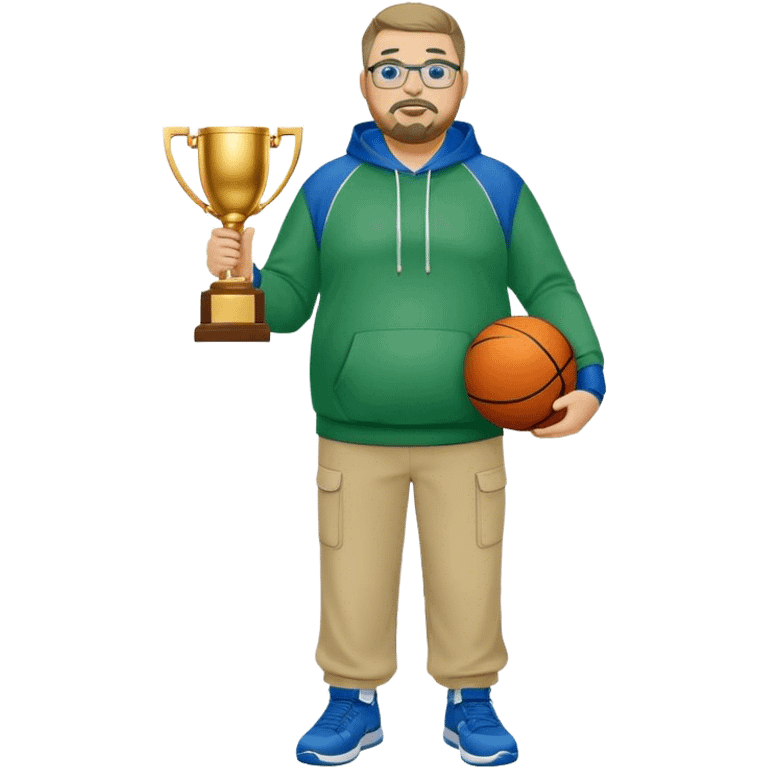 full body white obese male basketball coach with trophy. Goatee , Wearing glasses and blue and green hoodie and khaki pants emoji