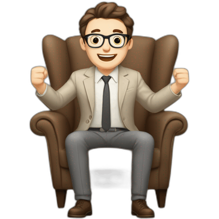 Joyful Celebrating victory Hands up Pale skinned Fit Man With dark brown hair in gray jacket, beige office shirt, Brown pants and vintage glasses sitting In a soft chair emoji