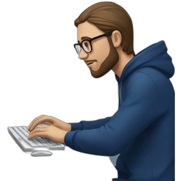 Brown hair white man with a beard and round glasses typing on apple computer wearing a dark blue nike hoodie emoji