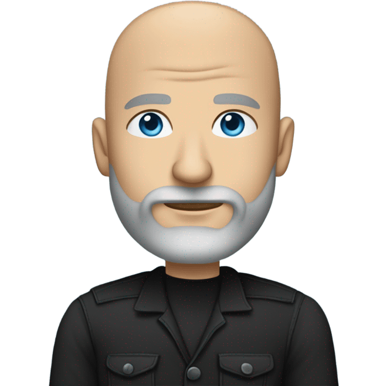 Wearing a black dress shirt with a subtle pattern, blue jeans and black Chelsea boots Bald, Caucasian, sky-blue-eyed, Psychotherapist in a modern chair with a full beard emoji