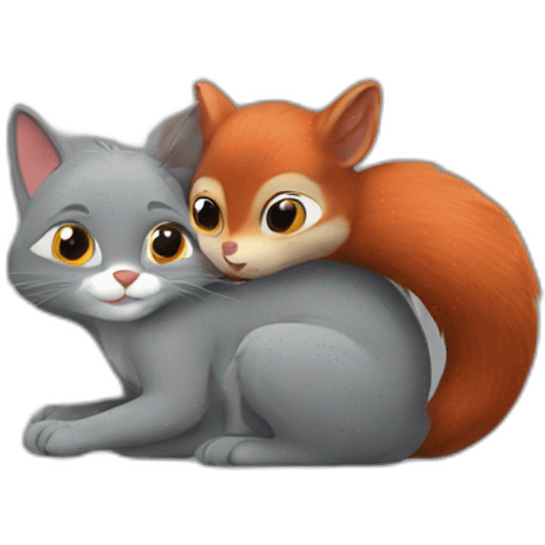 grey cat hugs a red squirrel emoji