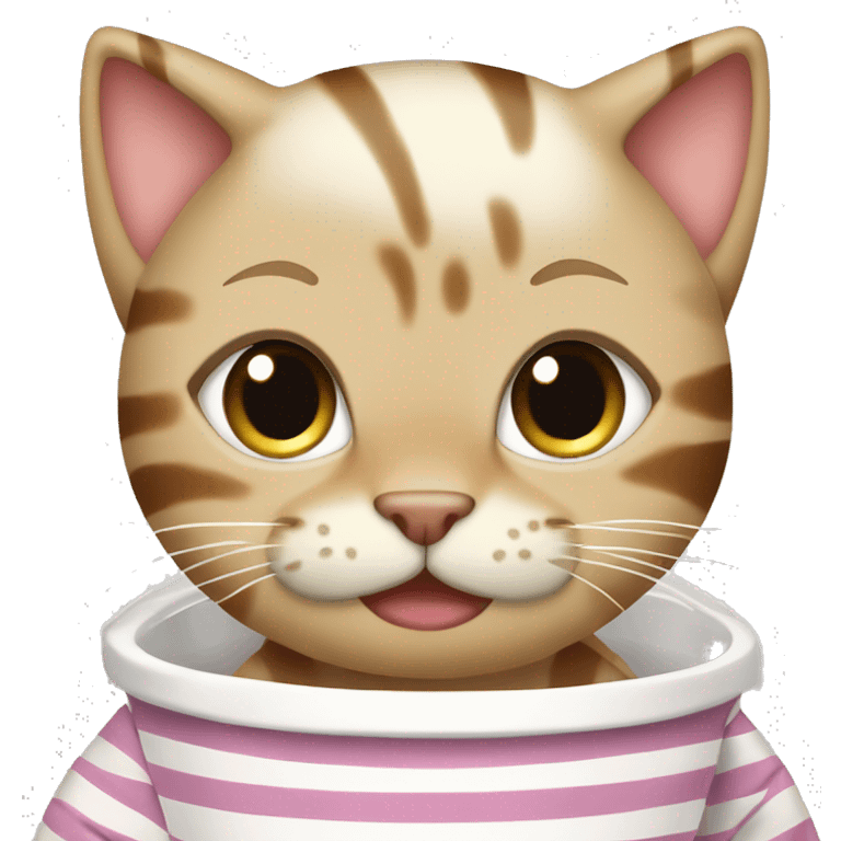 Cat with blonde hair and brown streaks wearing striped pyjamas and drinking boba emoji