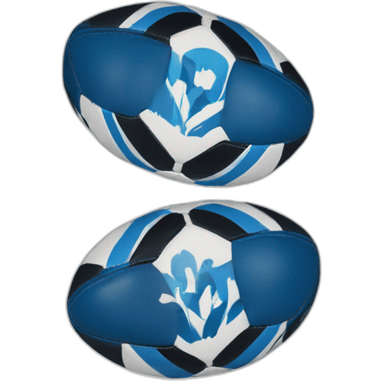 An oval GILBERT rugby ball, with four leather panels and hexagonal and pentagonal patterns. The colors are white and blue, with black lettering and logos. emoji