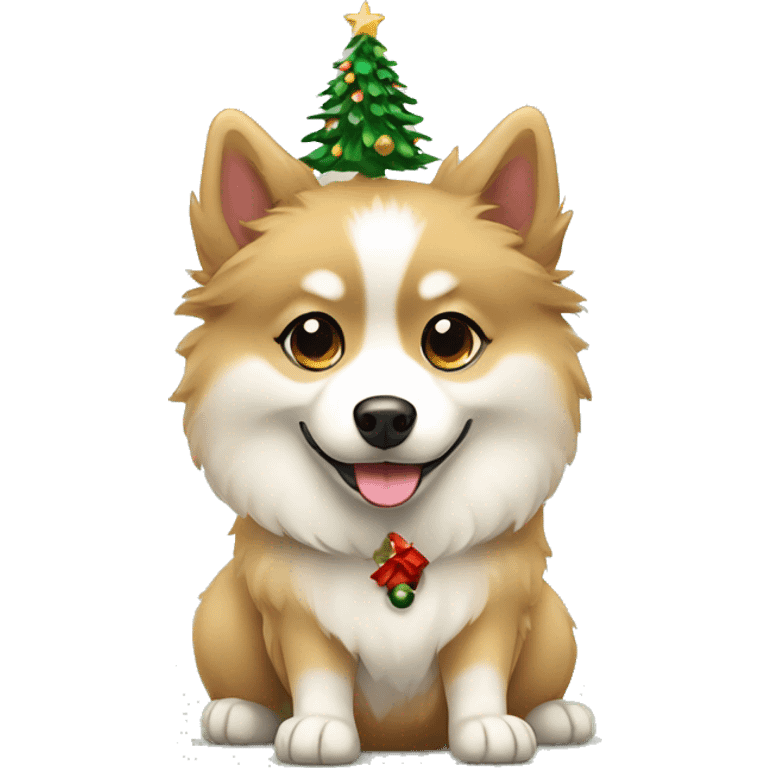 Tan Cute Pomsky dog with Christmas tree emoji