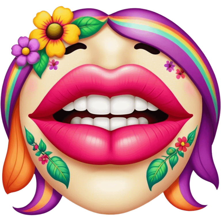 psychedelic colored lips with hippie style flowers emoji