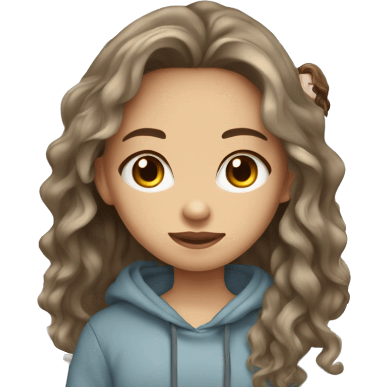 light blue eyes, brown wavy long hair, light skin, feminine, dark shirt, grey hoodie, girl, emoji