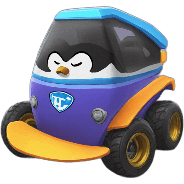 un pingouin qui conduit une voiture de rocket league emoji