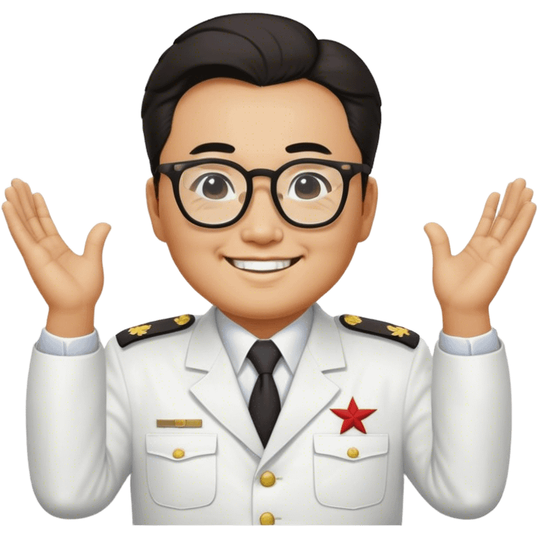 Emoji of l kim il sung wearing his white uniform with his hands behind his back smiling as he looks at you through his big glasses emoji