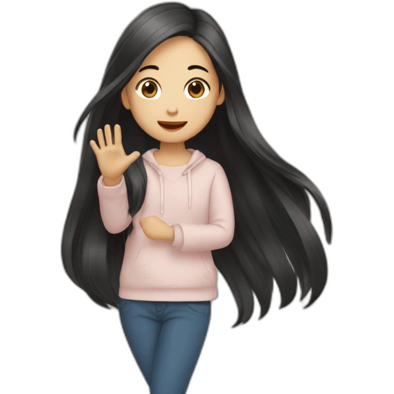 Asian girl with long hair waving emoji