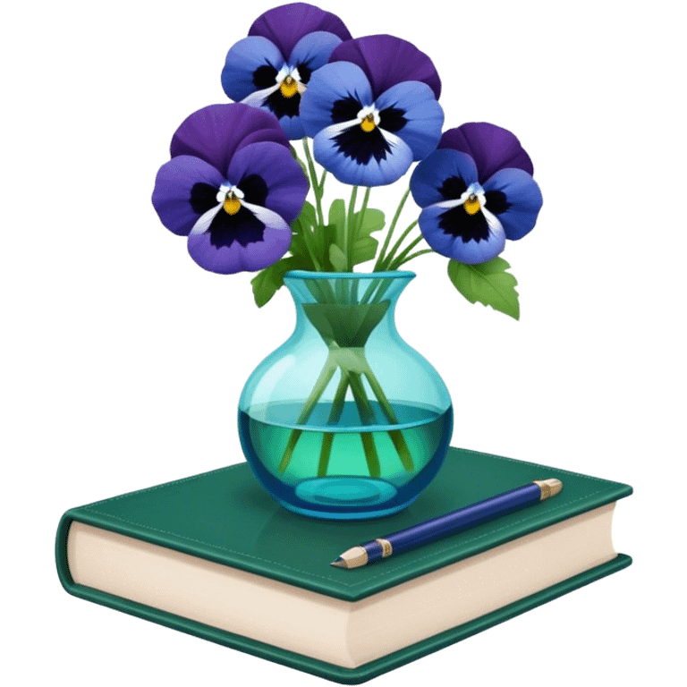 Aesthetically arranged books in dark green and next to them a bouquet of blue pansies in a light green glass vase emoji