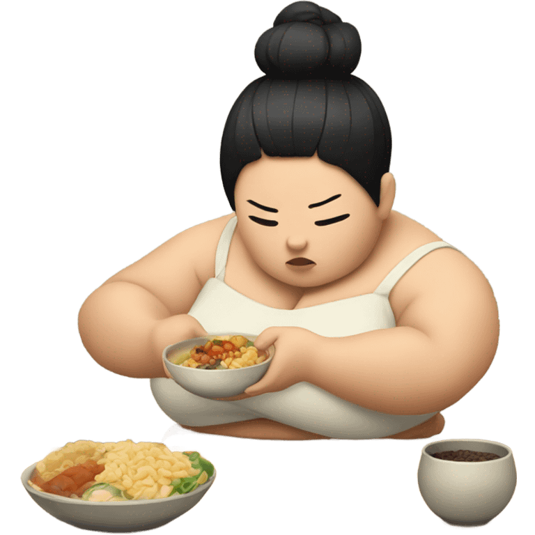 Female sumo wrestler eating while sad emoji