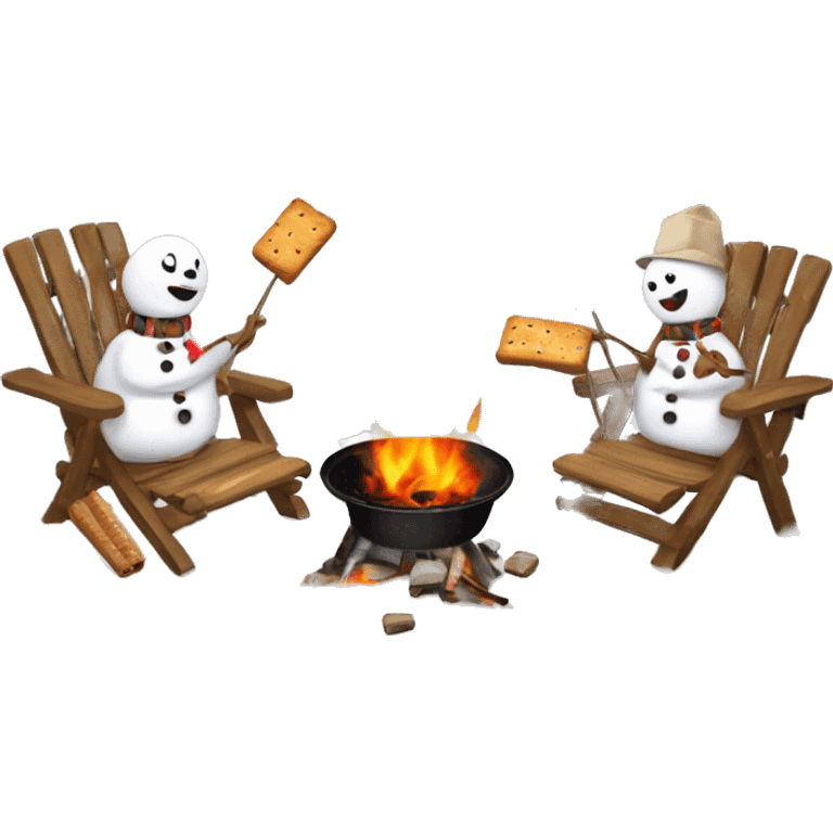 Snowmen melting while roasting s’mores around a fire emoji