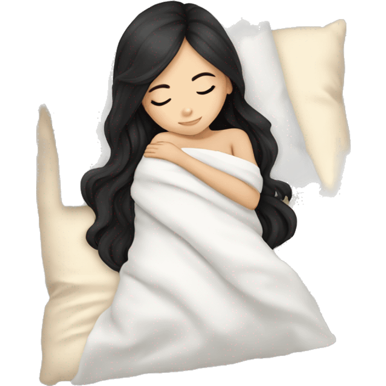 asian cute girl with long beauty black hair sleeping with white blanket and pillow emoji