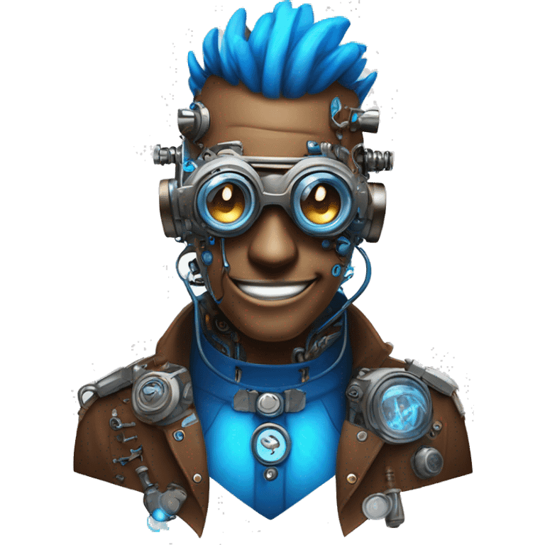 Brown cyborg head with blue Mohawk, blue beard, silver steampunk monocle goggles a smile and circuits emoji