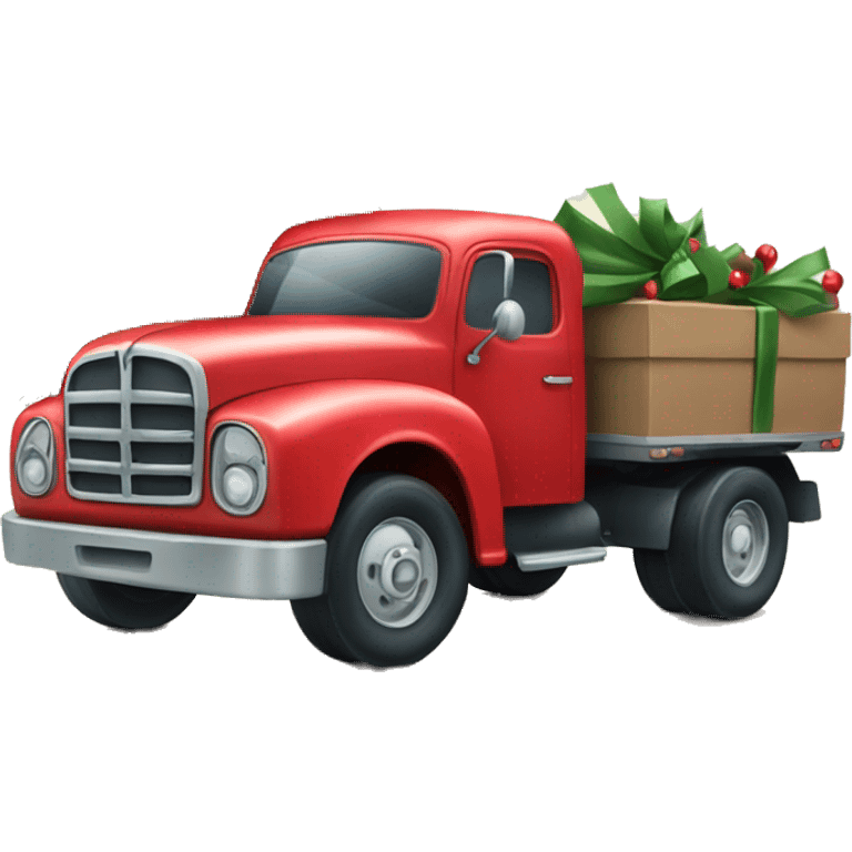 A little red truck hauling a Christmas tree emoji