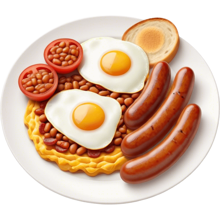 Cinematic Realistic English Breakfast Dish Emoji, showcasing a hearty ensemble of eggs, bacon, sausages, baked beans, and grilled tomatoes rendered with lifelike texture and vibrant, appetizing detail that exudes comforting tradition. emoji