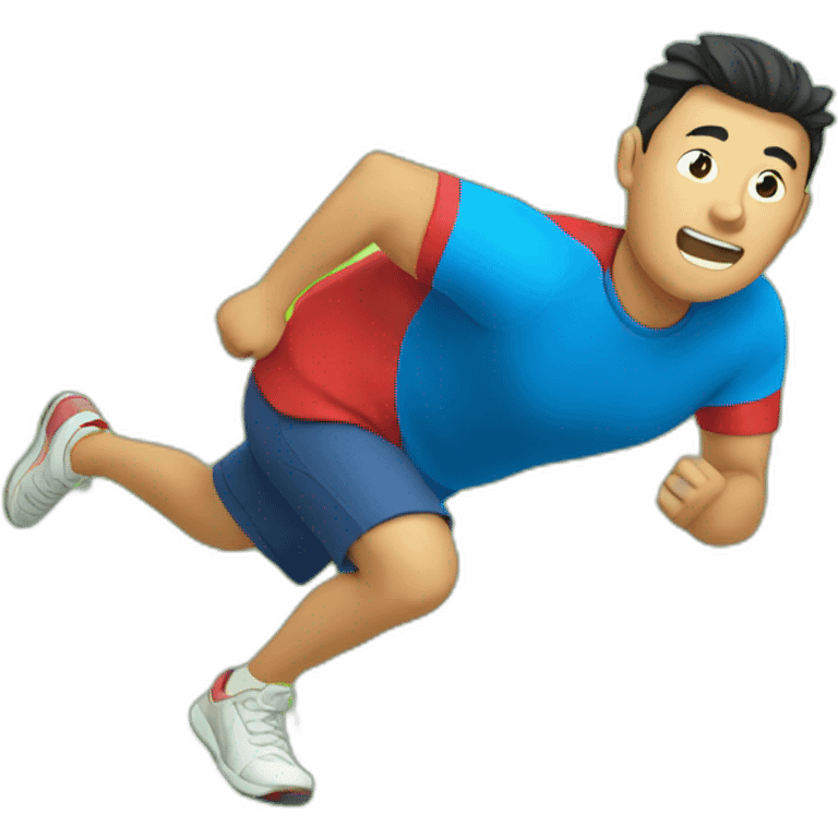 an asian man with red shirt and blue short running fast on grass land emoji