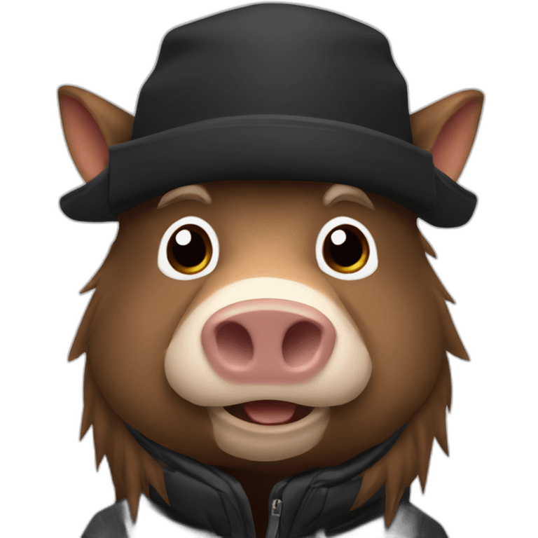 fullface wild tired brown boar with stubble in a black jacket and a black winter hat emoji