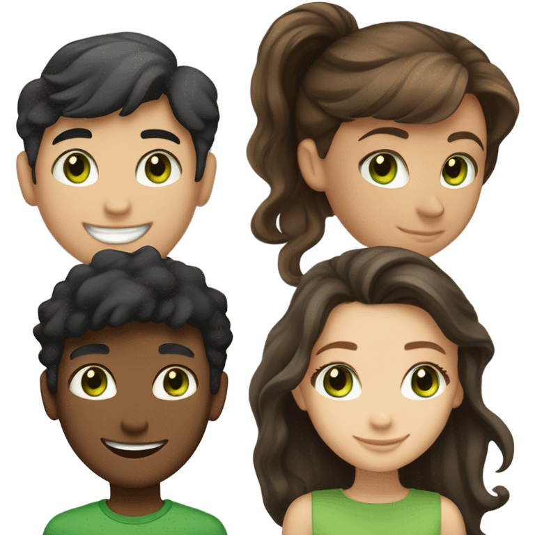 a girl with long brown hair, green eyes, fair skin, and a smile; and a boy with short black hair, brown eyes, fair skin, and a friendly smile. emoji