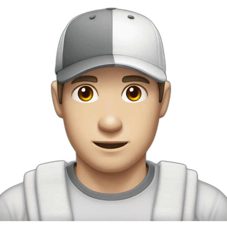 Pale skinned fit Man with dark brown hair in a white cap, gray jeans and gray polo T-shirt keeping a pasted with tape white box into his hands emoji