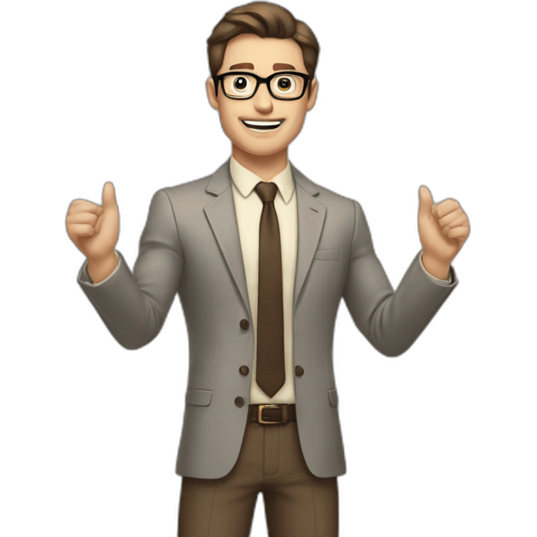 To belt Actively gesturing with hands Pale skinned fit man with dark brown hair in gray jacket, beige office shirt, brown tie, brown pants and vintage glasses. emoji