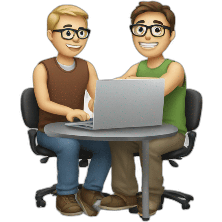 two geeks working together with a computer emoji