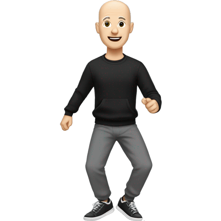 a bald white man, with a black sweater and gray jogging pants and dancing shoes emoji