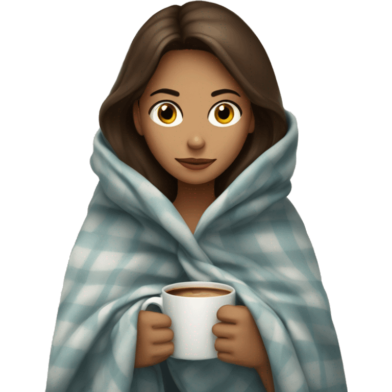 girl inside a blanket sipping coffee eyes brown, brunette with fair skin emoji