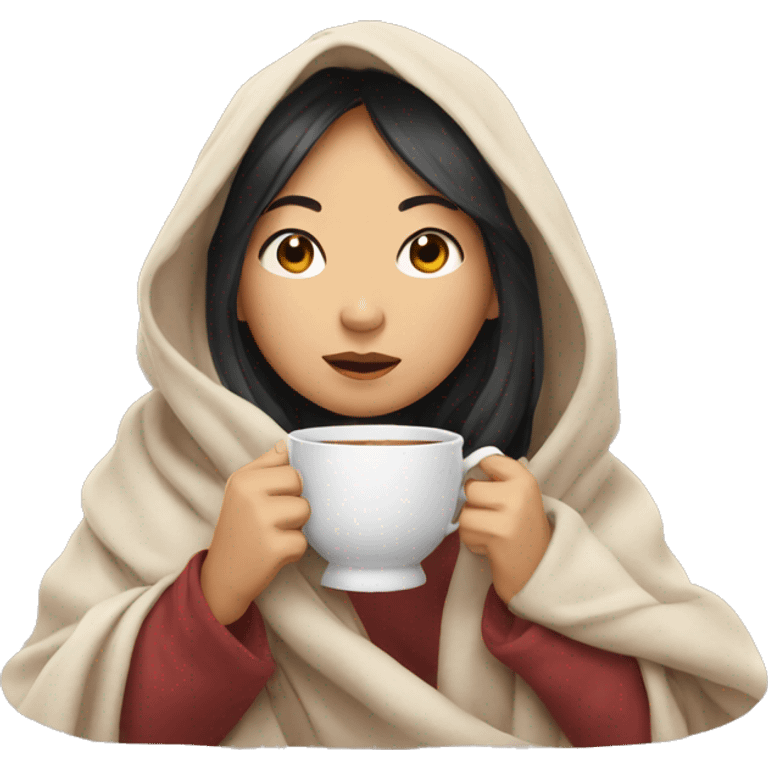 asian girl inside a blanket sipping tea emoji