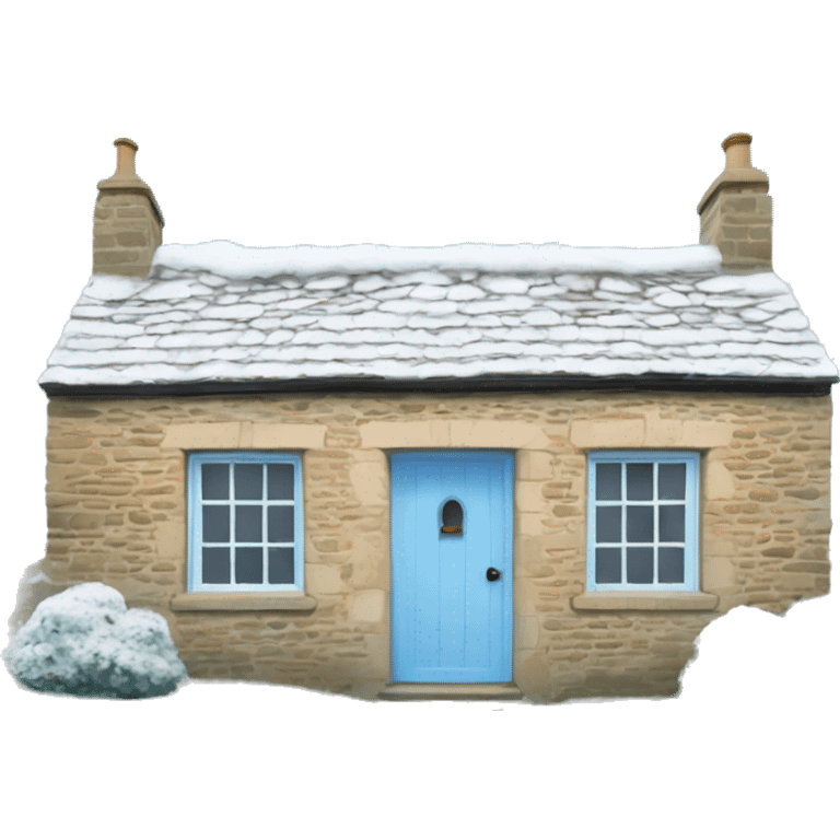 Snowy stone cotswolds cottage with sky blue door  emoji