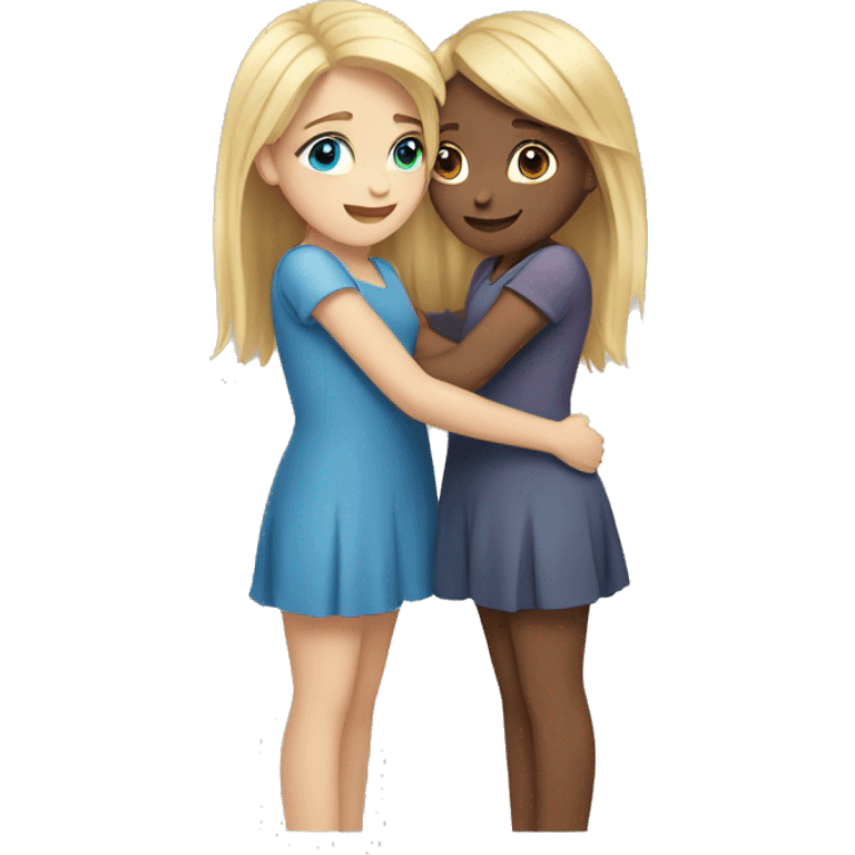 two girls one blonde with brown eyes and one with brown hair and blue eyes hugging eachother emoji