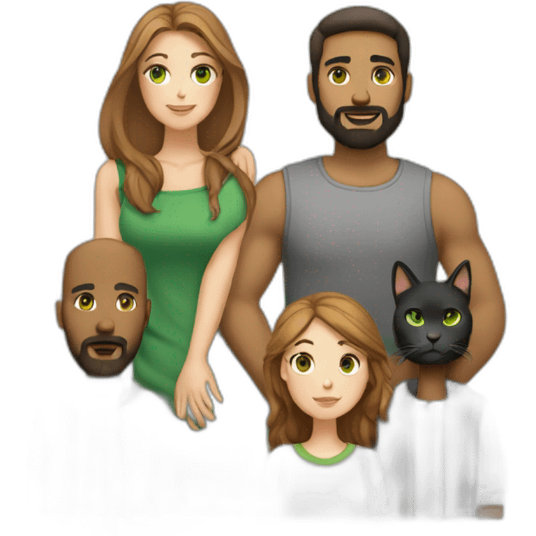 Woman with light straight brown hair and green eyes and a heavy man with a beard and two cats white and another black emoji