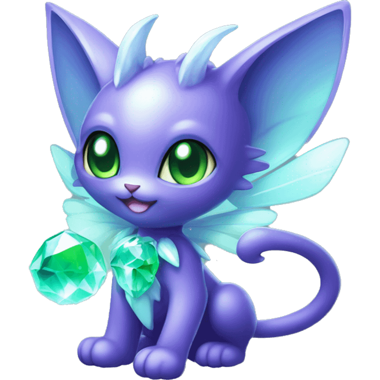 Shiny, Sparkly, Black Dark-type-Fairy-Type-Psychic-Ice-type-Fakémon-Cat Purple eyes, green gem, full body emoji