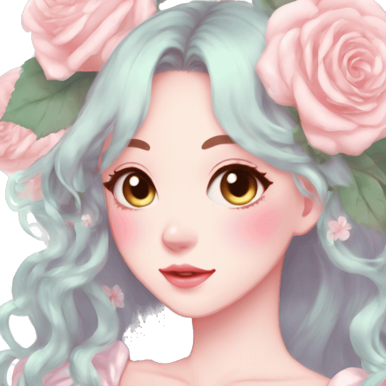 Gorgeous pastel anime style lady with blushing face and roses cottagecore fairycore pastelcore shiny colorful pearly aesthetic trending style emoji