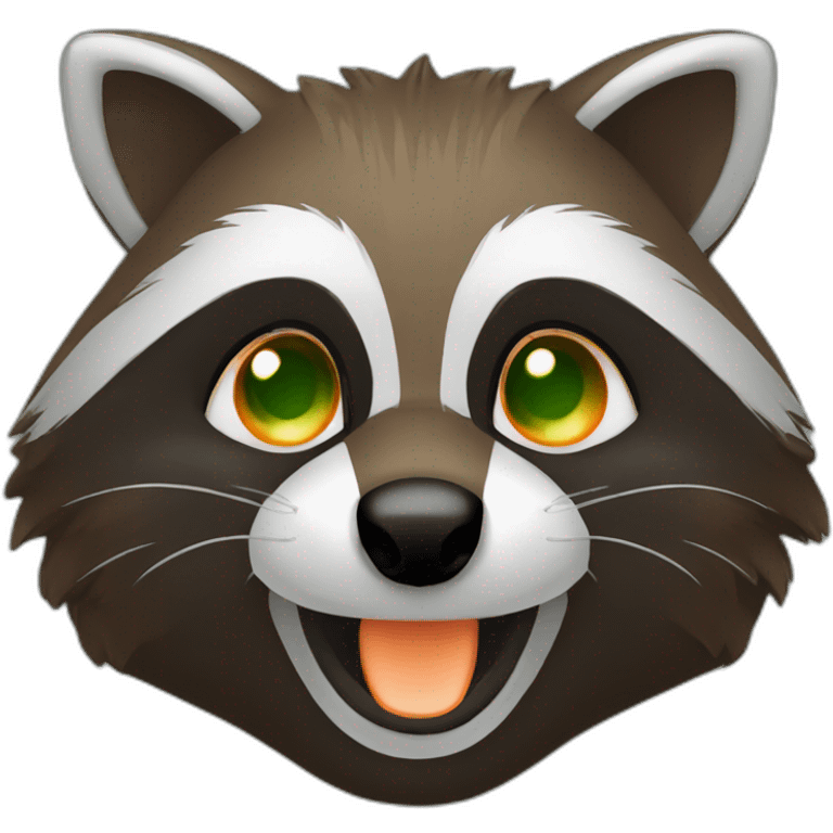 brown raccoon with orange eyes and a dark green hood that is smiling emoji