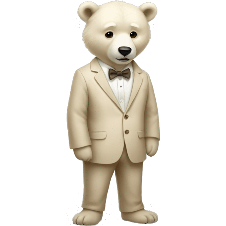 A full-length white bear cub in a beige suit and beige bow tie emoji