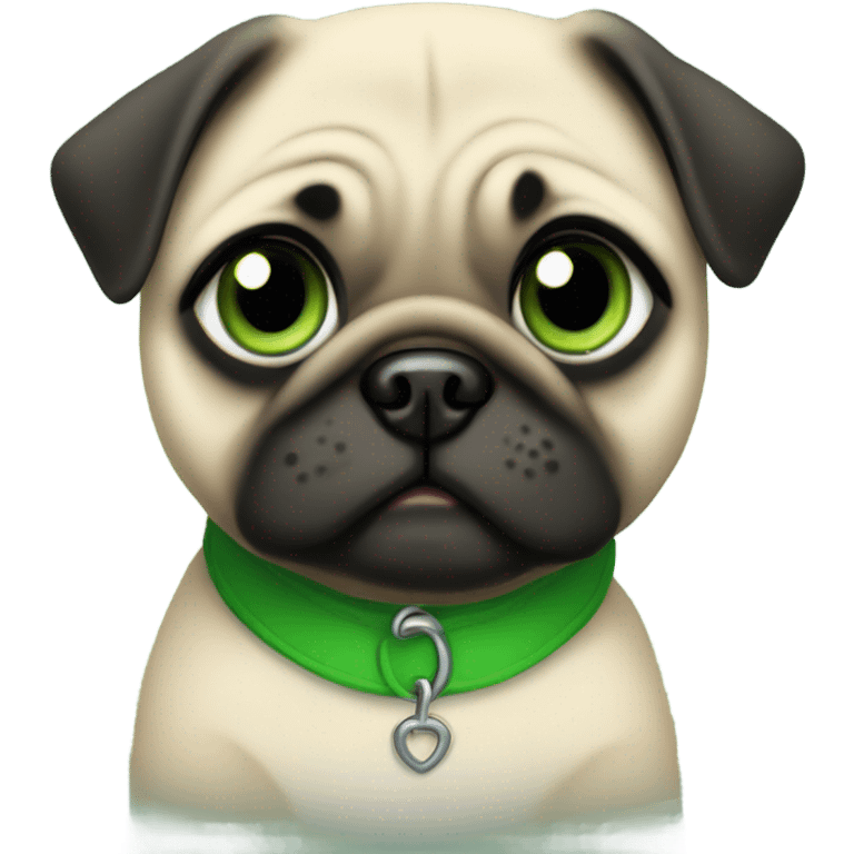 Baby pug with big green eyes and green collar  emoji