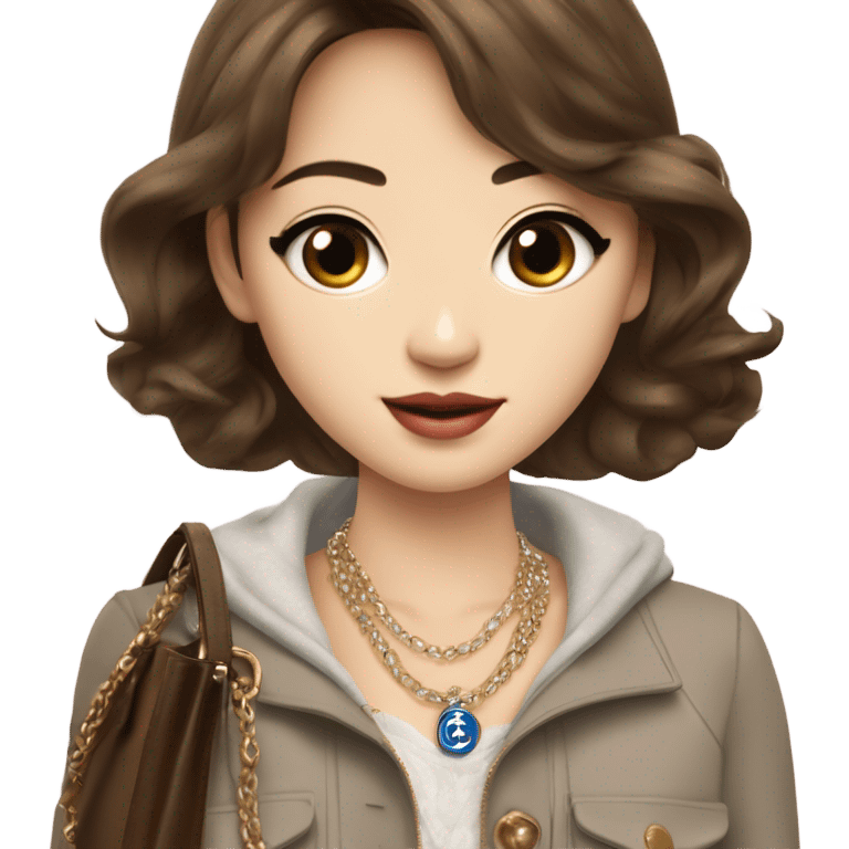 Realistic brown hair blue eyes Chanel Asian Girl with Birkin bag and Chanel necklace emoji